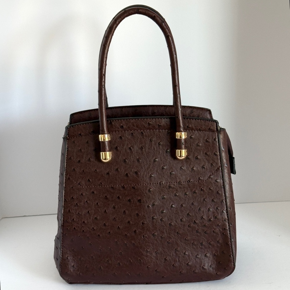 Brown Faux Leather Ostrich Handbag Purse Vintage
